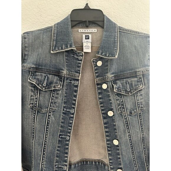 Gap Womens Blue Denim Jeans Jacket Medium‎ Wash Stretch Sz XS Y2K Biker Trucker - Picture 3 of 5
